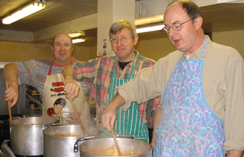 Pete Sunderland, Lars Lis and Chris McTernan working on their stews