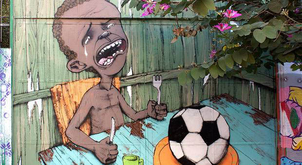 Paulo Ito's mural expresses the concern that the World Cup won't feed the starving