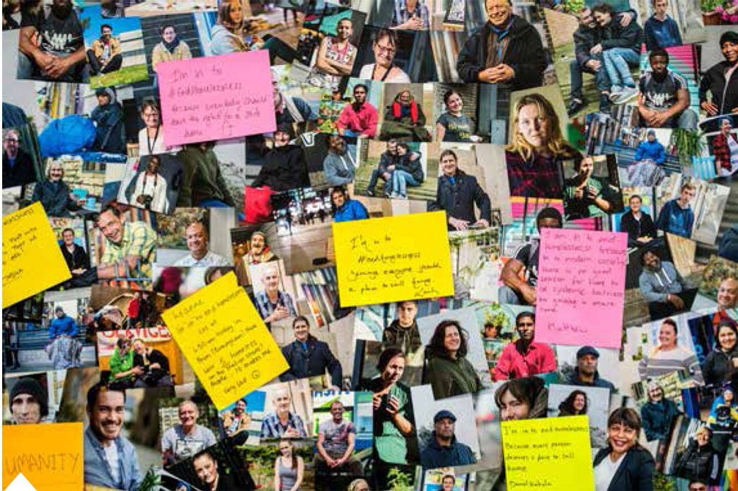 Photo wall featuring images of people who have experienced homelessness and notes from conference attendees about why homelessness must be ended. © Crisis/Aled Llywelyn